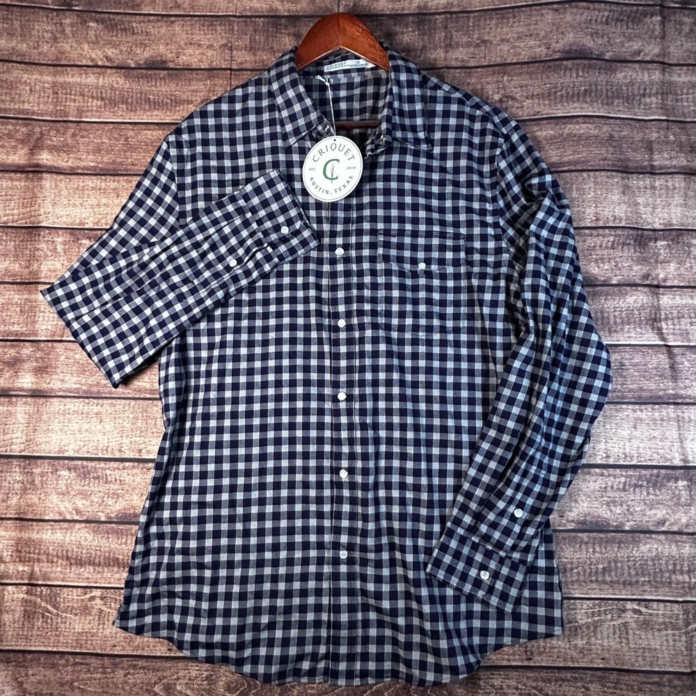 Criquet Austin Texas Mens XL Performance Gingham Snap Button Down Shirt Navy
